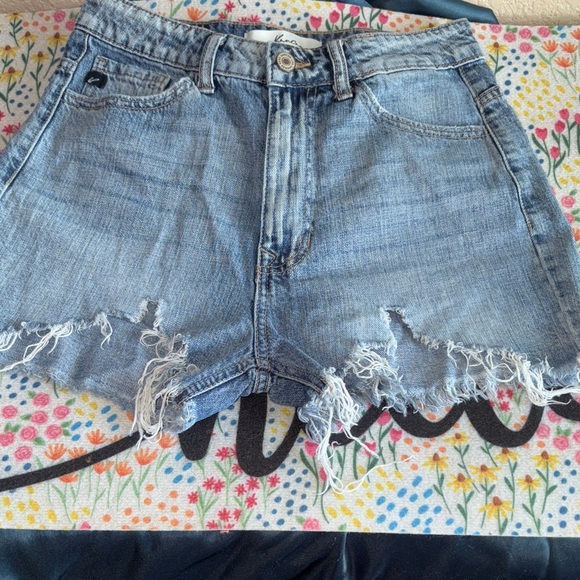 KanCan Sky Blue Frayed Hem Jean Shorts - Picture 1 of 11